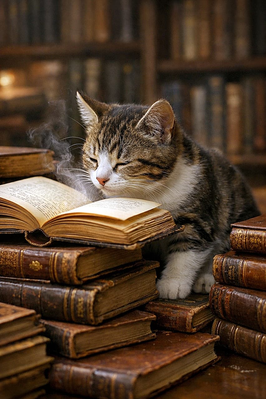 「「古本のいい匂い…」本の香りにうっとりな子猫さん。お気に入りの一冊を見つけたようで、静かな図書室にやさしい癒しの時間が流れています📚🐾」A sophisticated short-haired kitten sniffing an open antique book, surrounded by stacks of old leather-bound books in a warm, cozy library. 古い革装丁の本に囲まれた温かみのある図書室で、開かれた古書の香りを嗅ぐ上品な短毛の子猫