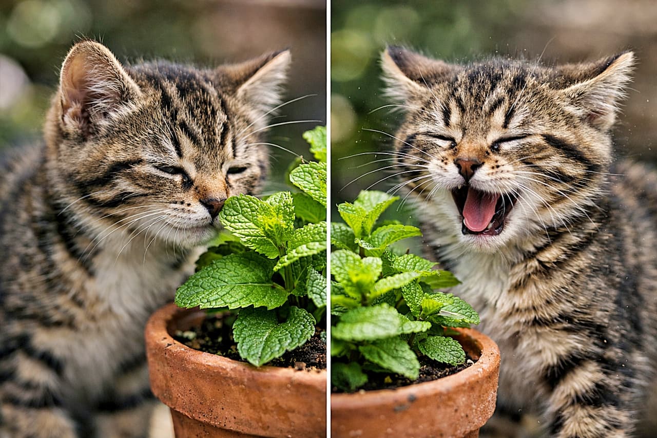「ミントの爽やかパワーにびっくり!思わずのけぞる子猫のリアクションが可愛すぎる瞬間🌿🐾」A young tabby kitten sniffing a mint plant in a pot and recoiling with a surprised expression, overwhelmed by the strong fresh scent. 鉢植えのミントの葉の香りを嗅ぎ、強い爽やかな匂いに驚いてのけぞる若いキジトラ子猫