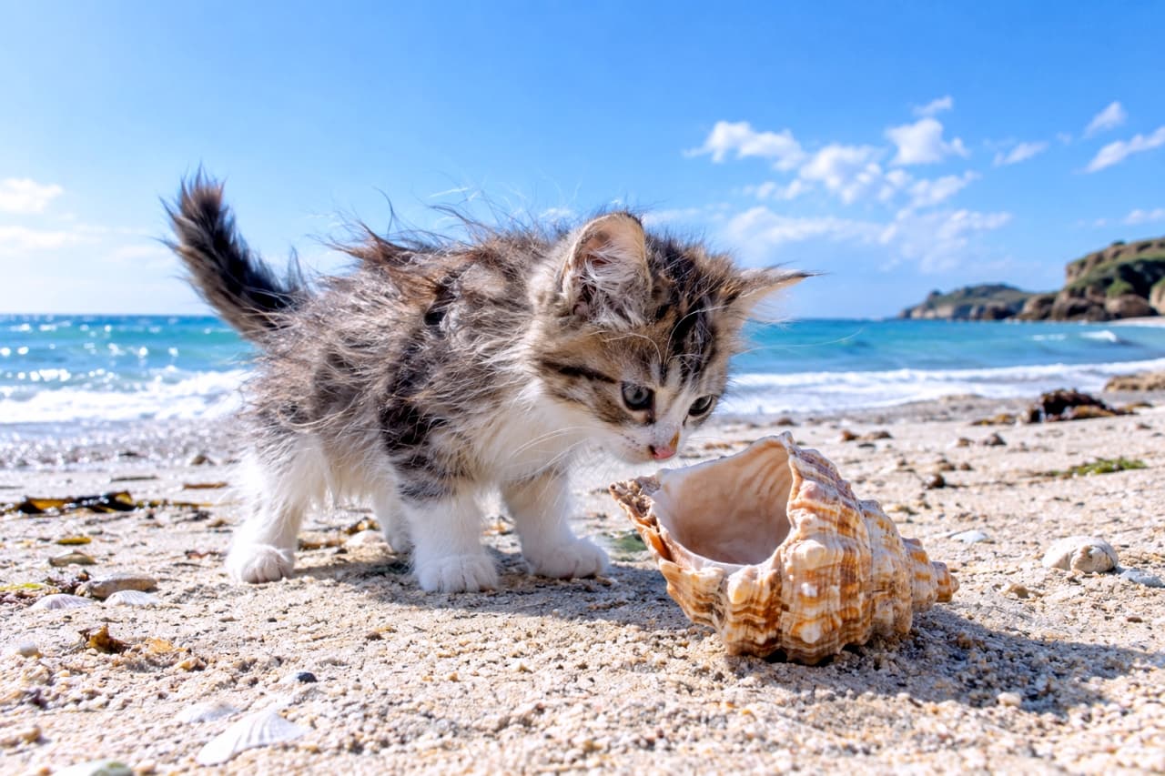 「海の匂いってどんな匂い？🐚潮風に吹かれながら初めてのビーチ探検を楽しむ子猫の冒険記🐾🌊」An ultra-realistic high-quality photograph of a fluffy tabby and white kitten smelling a large conch shell on a sandy beach, with its fur blowing in the wind against a backdrop of blue ocean and clear sky. 晴れ渡る青空と波立つエメラルドグリーンの海を背景に、砂浜に置かれた大きな巻貝の匂いを不思議そうに嗅いでいる長毛種のキジ白子猫。潮風に吹かれてふわふわの毛がなびいており、夏らしく爽やかで冒険心あふれる情景
