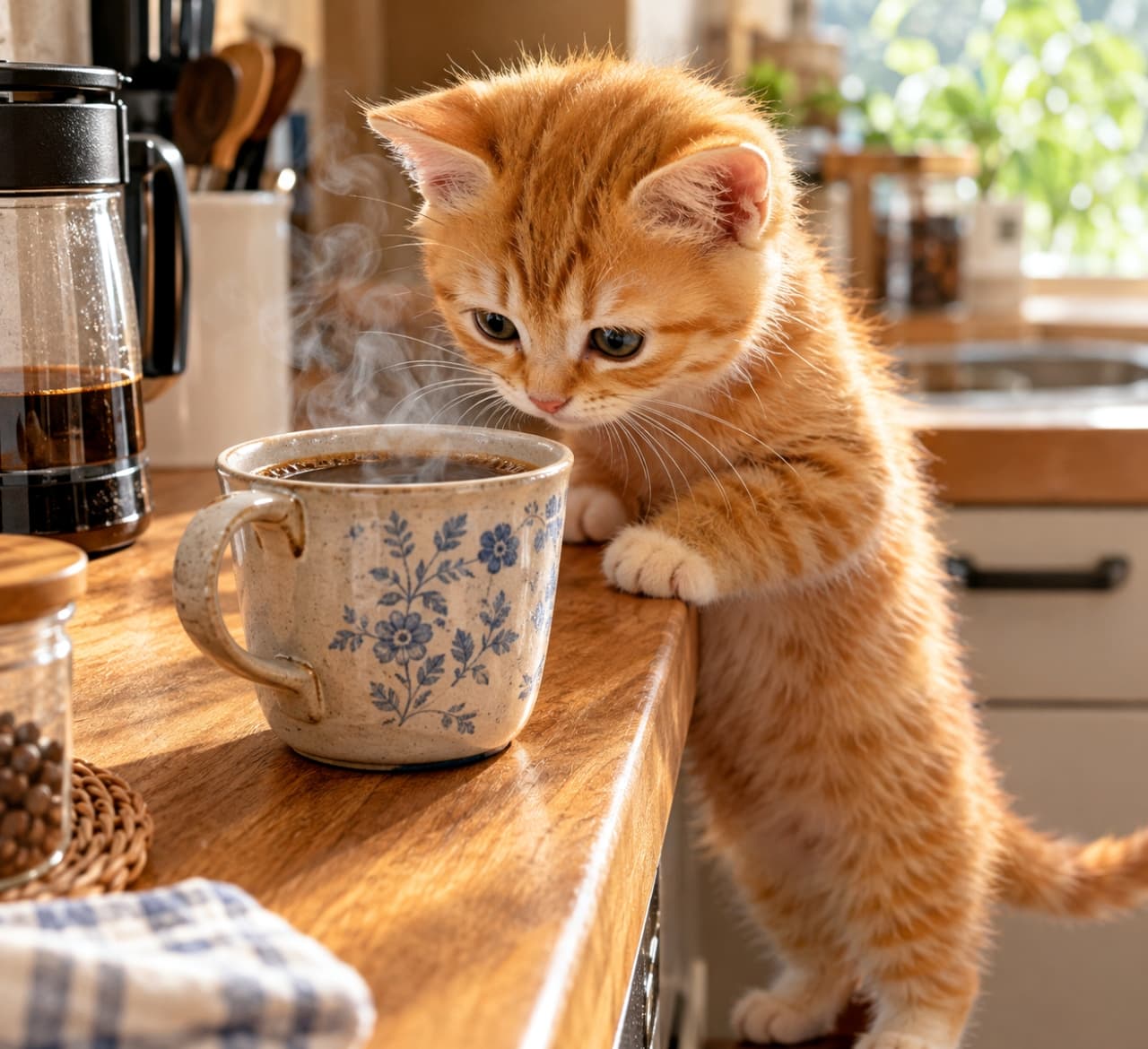 「コーヒーの良い香りに興味津々☕️でも熱いから気をつけてね！朝の癒しモーメント☀️」An ultra-realistic high-quality photograph of a fluffy orange tabby kitten standing on its hind legs on a kitchen counter, curiously smelling the steam rising from a ceramic mug of hot coffee in morning light. 朝の光が差し込む明るいキッチンカウンターで、湯気が立ち上る陶器のコーヒーカップに後ろ足で立ち上がり、興味津々で顔を近づけて匂いを嗅いでいる茶トラの子猫。逆光がふわふわの毛を輝かせている
