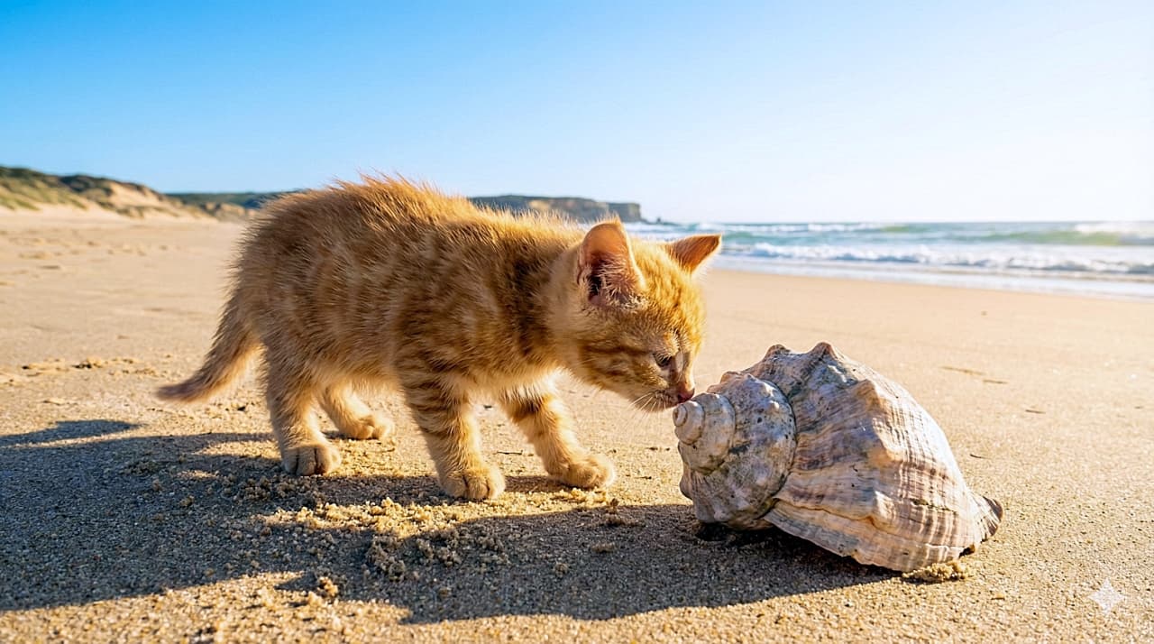 「「海の落とし物?」茶トラちゃん、初めての貝殻にドキドキ。潮風を感じる冒険の一枚!」A brave orange tabby kitten standing on a sunny sandy beach, cautiously leaning forward to sniff a large spiral seashell against a background of gentle ocean waves. 晴れた日の砂浜で、穏やかな波を背景に、足元の大きな巻き貝の匂いを恐る恐る身を乗り出して嗅いでいる茶トラの子猫