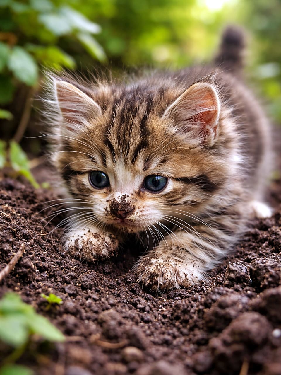 「土の香りに大興奮!鼻もおてても泥んこな、探検家気分の子猫です🐾✨」A playful kitten with dirt on its nose digging into dark, damp garden soil, muddy paws sniffing the rich earthy scent outdoors. 湿った黒い庭土を掘りながら、鼻に土をつけて夢中で匂いを嗅ぐ子猫。泥んこの前足が可愛らしい屋外シーン