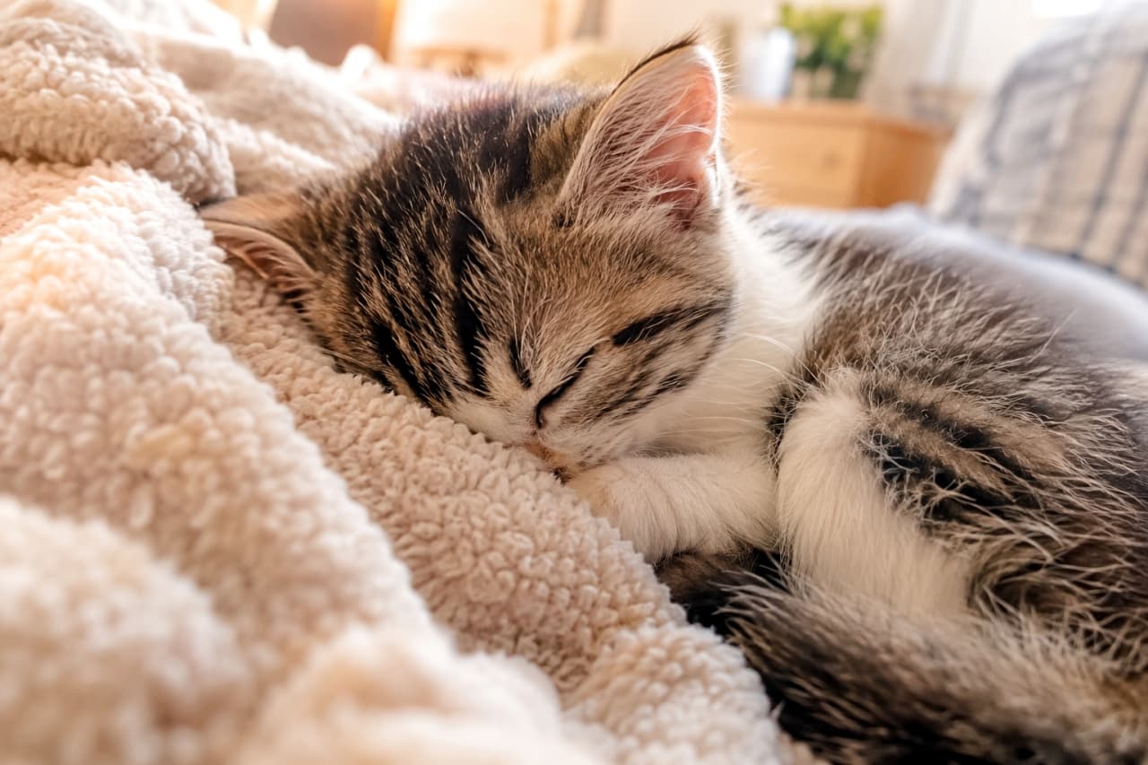 「大好きな飼い主さんの匂いに包まれて夢の中へ☁️💤安心しきった寝顔に癒される最高のリラックスタイム🐈✨」An ultra-realistic high-quality 8k photograph of a sleepy tabby and white kitten curled up on a soft white fleece blanket that its owner just used. It buries its face in the blanket, deeply inhaling the familiar and comforting scent of its human, creating an extremely cozy and warm feeling. 飼い主が使った直後の白いもこもこフリース毛布の上に丸くなり、安心しきった様子で眠るキジ白の子猫。大好きな人の温もりと安心する匂いを深く胸に吸い込むように毛布へ顔をうずめており、日差しに包まれた極上のリラックス感が漂う温かい情景