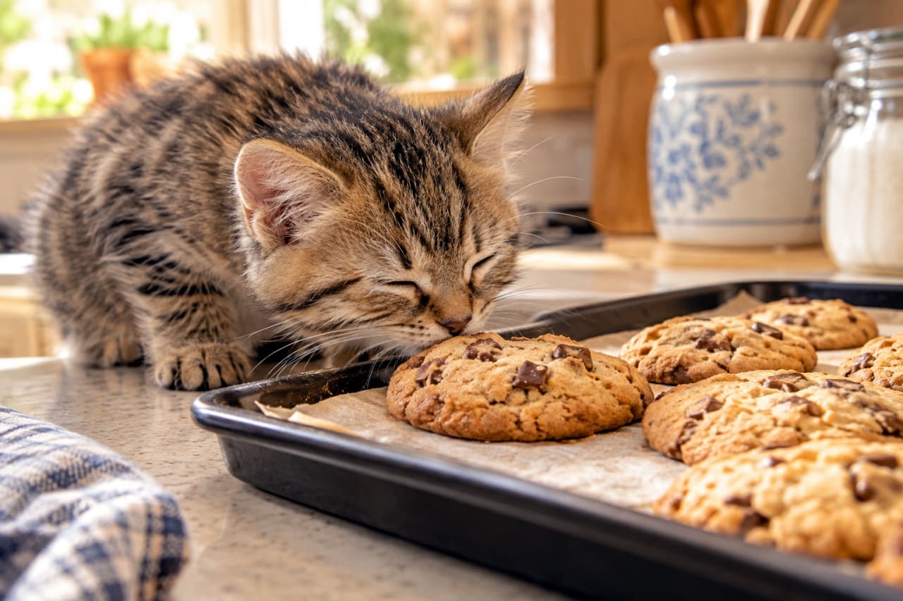 「あま〜いチョコとバターの香りに誘われて🍪つまみ食いしちゃダメだよ？お菓子作りを見守る可愛いシェフ👩‍🍳🐾」An ultra-realistic high-quality photograph of a cute tabby kitten closing its eyes and smelling freshly baked chocolate chip cookies on a baking sheet in a sunlit, warm kitchen. 温かな日差しが差し込む明るいキッチンで、天板に並んだ焼きたての大きなチョコチップクッキーに目を閉じて顔を近づけ、甘い匂いを嗅いでいるキジトラの子猫。ふっくらとしたマズルと柔らかな毛並みが魅力的
