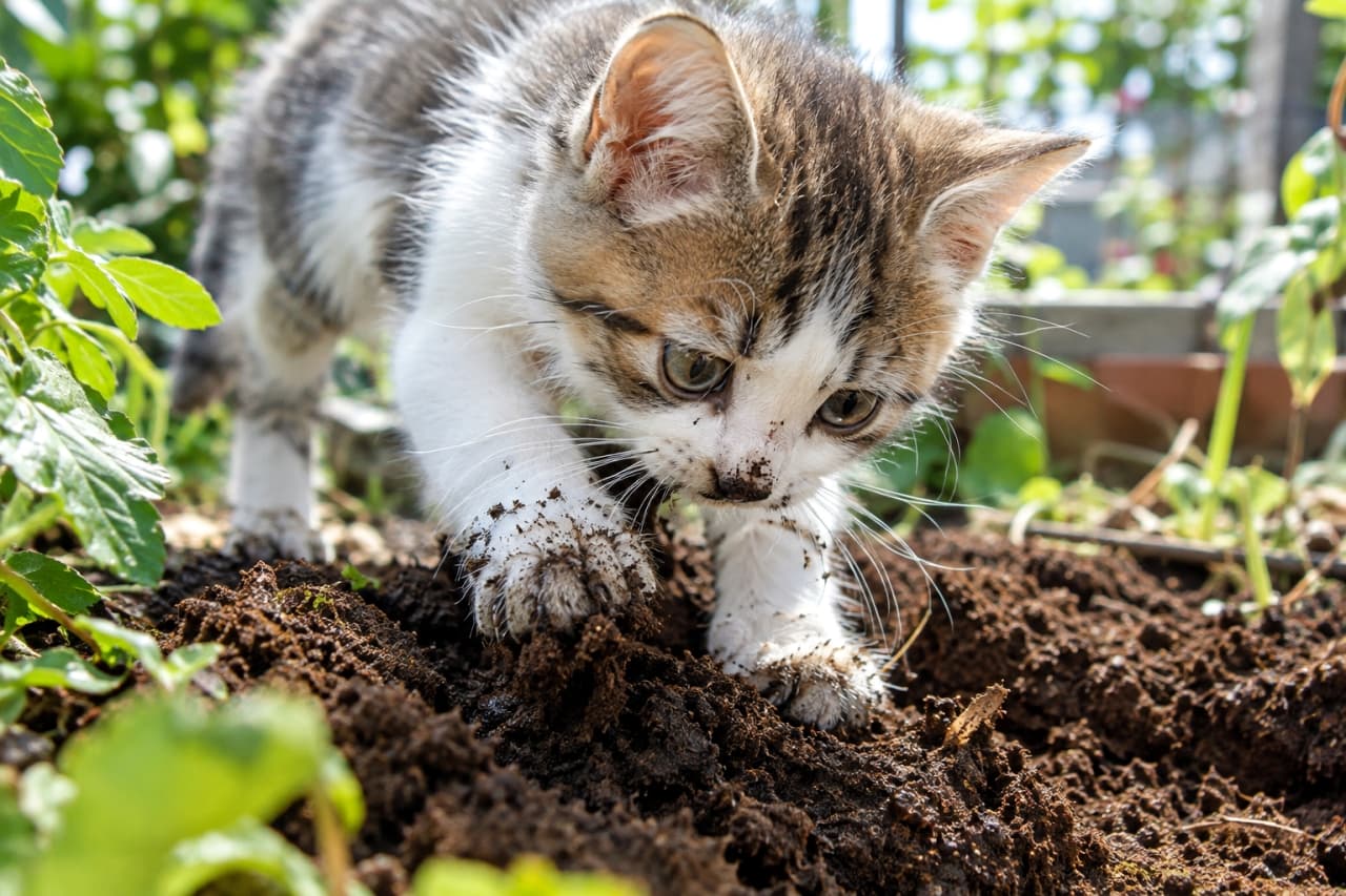「泥んこ遊びに夢中！🌱土の匂いってワクワクするよね✨お庭探検隊の小さな隊長が大活躍中です🐾」An ultra-realistic high-quality photograph of a playful tabby and white kitten with dirt on its nose and paws, digging and smelling the dark soil in a sunny, green garden. 太陽の光が降り注ぐ緑豊かな庭で、ふかふかの黒い土を前足で熱心に掘り、鼻先や白い前足に泥をつけながら土の匂いを嗅いでいるキジ白の子猫。真剣な眼差しとやんちゃな泥んこ姿が生命力にあふれている