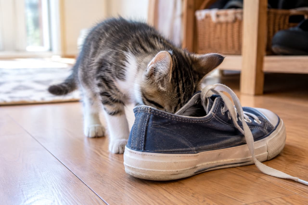 「そこはどんな匂い！？👟猫ちゃんの謎行動、ついつい見入っちゃいますよね😆」An ultra-realistic high-quality photograph of a tabby and white kitten with its head deeply buried inside a worn blue canvas sneaker on a wooden floor, smelling the inside. フローリングの床に置かれた、使い込まれた青いキャンバス地のスニーカーの中に、頭を深く突っ込んで匂いを嗅いでいるキジ白の子猫。体半分が靴の中に入り込んでおり、猫特有の好奇心旺盛な行動を捉えている