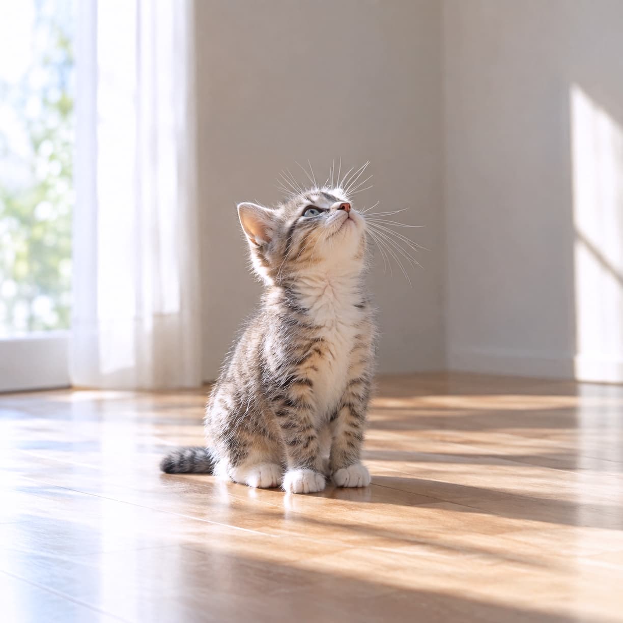 「お部屋の中に何か良い匂いがふわっと漂ってきた？🐈窓辺の陽だまりで見せた、ふとした瞬間の可愛い横顔☀️」An ultra-realistic high-quality photograph of a tabby and white kitten sitting on a sunlit wooden floor in a room, looking up and sniffing the air with its long whiskers glowing in the sunlight. 窓から差し込む美しい陽だまりのフローリングにちょこんと座り、ふと何か気配を感じたように真上を見上げて空中の匂いを嗅いでいるキジ白の子猫。光に透ける長いヒゲと柔らかな被毛が神聖な雰囲気を醸し出す