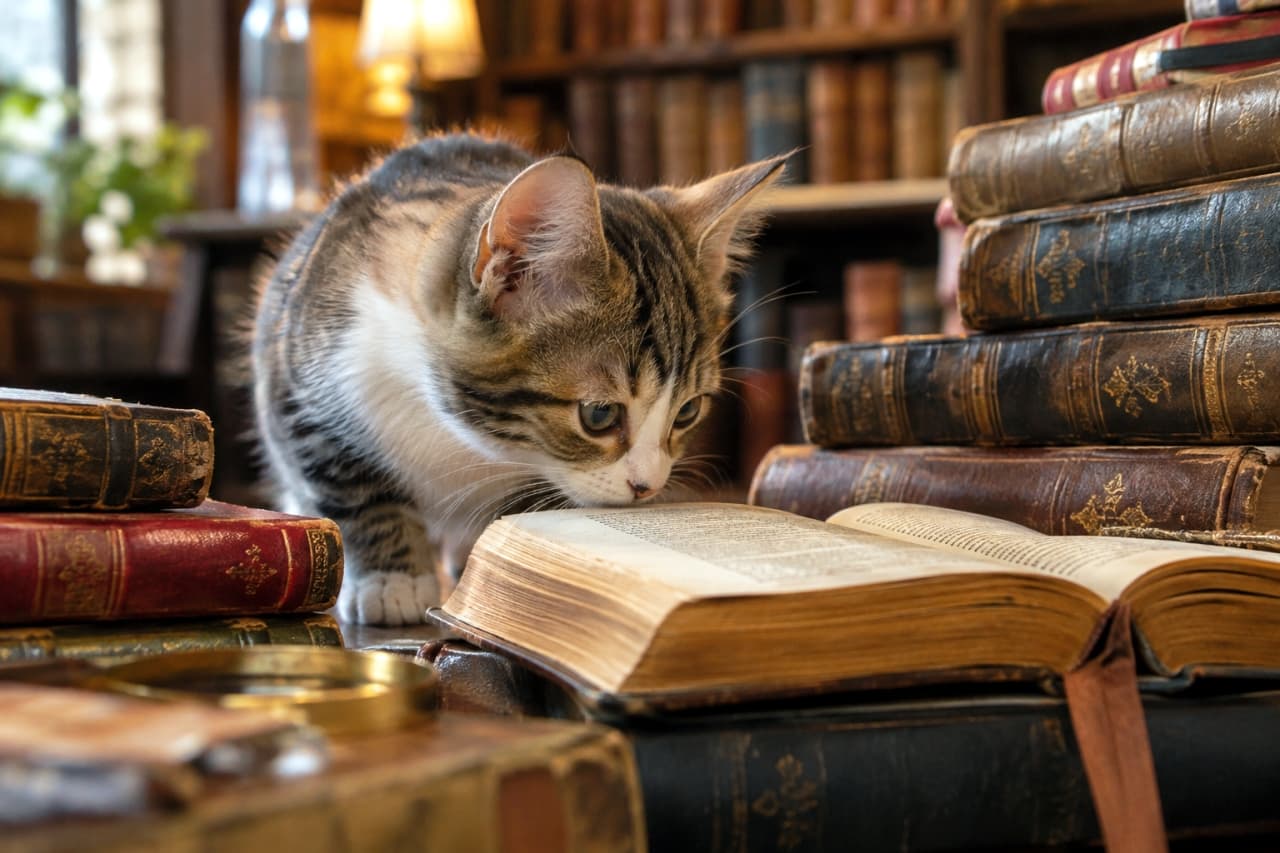 「本の虫ならぬ、本の猫さん発見📚古い紙の匂い、どんな物語が詰まってるのかな？🔍」An ultra-realistic high-quality photograph of a tabby and white kitten smelling the pages of an open antique book stacked among other leather-bound books in a dimly lit, classic library. 重厚な革表紙の古書が積み上げられたクラシックな書斎で、開かれた古い本のページに鼻先を押し当てて匂いを嗅いでいるキジ白の子猫。背景には本棚と温かいランプの光があり、アンティークで落ち着いた雰囲気が漂う