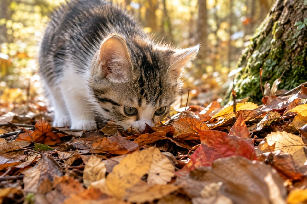 「秋の匂い、みーつけた🍁カサカサ鳴る落ち葉の下にはどんな秘密が隠れているのかな？🍂🐾」An ultra-realistic high-quality photograph of a tabby and white kitten smelling colorful fallen leaves on the forest floor, illuminated by soft autumn sunlight filtering through the trees. 木漏れ日が差し込む秋の森で、赤や黄色に色づいたふかふかの落ち葉に顔を近づけて匂いを嗅いでいるキジ白の子猫。真剣な眼差しで季節の香りを探求する、生命力にあふれた秋の情景