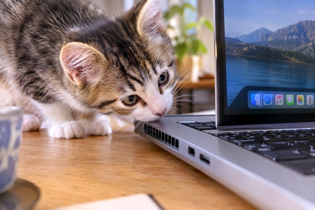 「お仕事中失礼します💻この四角い機械、不思議な匂いがするにゃ？🐈テレワーク中の最高のお邪魔虫🐾」An ultra-realistic high-quality photograph of a curious tabby and white kitten smelling the edge of a silver laptop keyboard on a wooden desk, capturing a cute interruption during remote work. 木製のデスク上で、開かれたシルバーのノートパソコンのキーボード手前の角に鼻をくっつけて熱心に匂いを嗅いでいるキジ白の子猫。画面には湖と山の風景が映っており、テレワーク中の微笑ましいお邪魔虫シーンを切り取った一枚