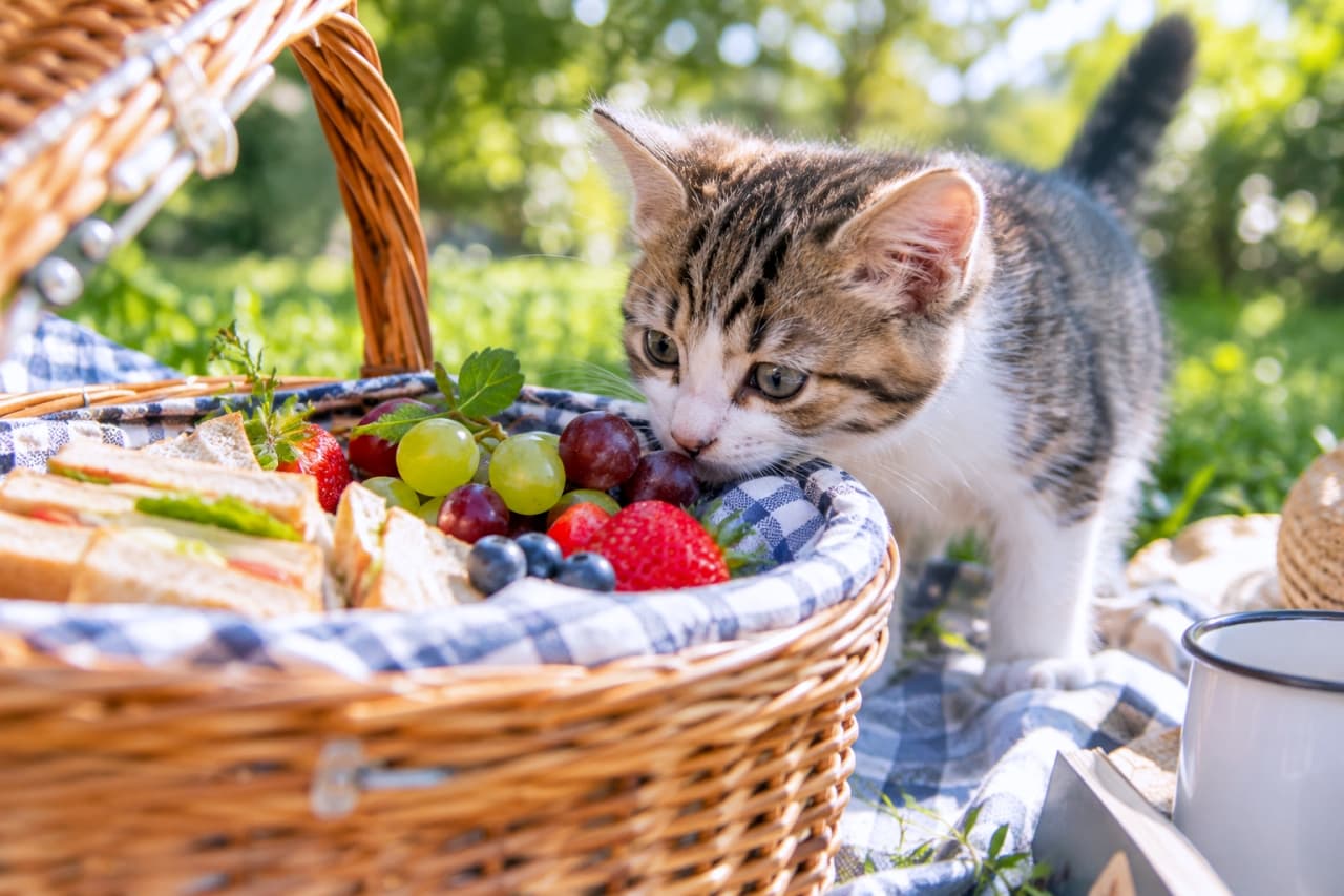 「お外でのご飯は格別だね🥪🍓フルーツの甘い匂いにワクワクが止まらないピクニックの主役ちゃん🧺✨」An ultra-realistic high-quality photograph of a tabby and white kitten smelling fresh fruits like strawberries and grapes inside a woven picnic basket on a checkered blanket in a sunny park. 晴れた日の公園の芝生の上に広げられたチェック柄のラグとピクニックバスケット。サンドイッチや色鮮やかなイチゴ、ブドウに顔を近づけてクンクンと匂いを嗅いでいるキジ白の子猫の楽しげなワンシーン