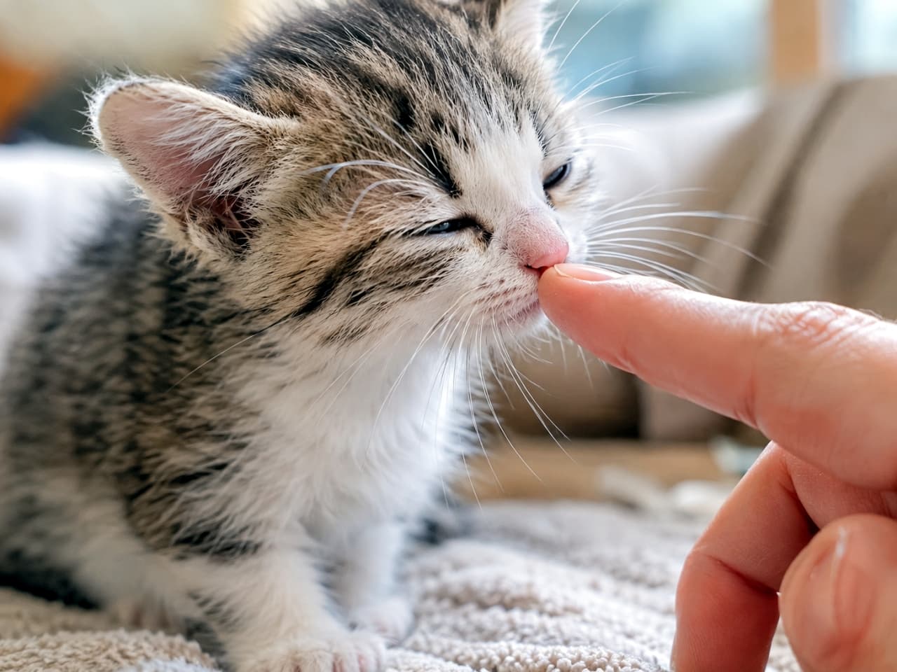 「「あなたはどんな匂い？」指先からの優しいご挨拶🤝人間と猫ちゃんの幸せなコミュニケーションタイム✨」An ultra-realistic high-quality photograph of a cute tabby and white kitten gently smelling a human index finger with half-closed eyes, showcasing a heartwarming moment of trust and bonding in soft natural light. 差し出された人間の人差し指にちょこんと小さなピンク色の鼻を近づけ、目を細めて穏やかに匂いを嗅いでいるキジ白の子猫のクローズアップ写真。猫と人との優しい絆と信頼関係が伝わる、柔らかい自然光に包まれた温かい構図