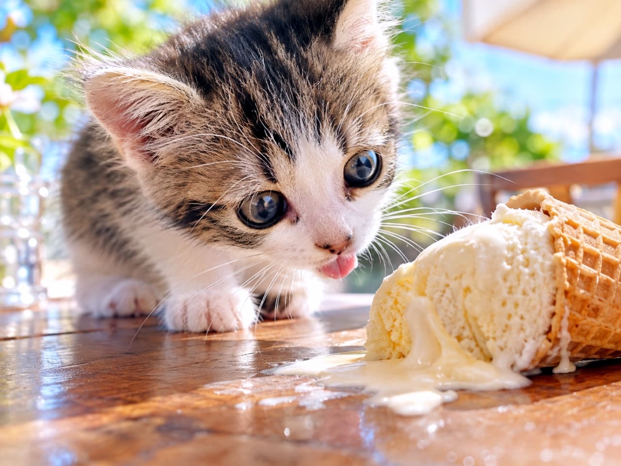 「あま〜い匂いに誘われちゃった🍦💦 溶けたアイスに興味津々な夏の日の冒険ニャンコ🐾☀️」An ultra-realistic high-quality photograph of a cute tabby and white kitten with its tongue out, smelling a melted vanilla ice cream cone on a wooden table outdoors on a sunny summer day. 明るい日差しが降り注ぐ屋外の木製テーブルで、コーンから溶け出したバニラアイスクリームに興味津々で顔を近づけるキジ白の子猫。大きな瞳を輝かせ、小さな舌をペロリと出している愛らしい夏のワンシーン
