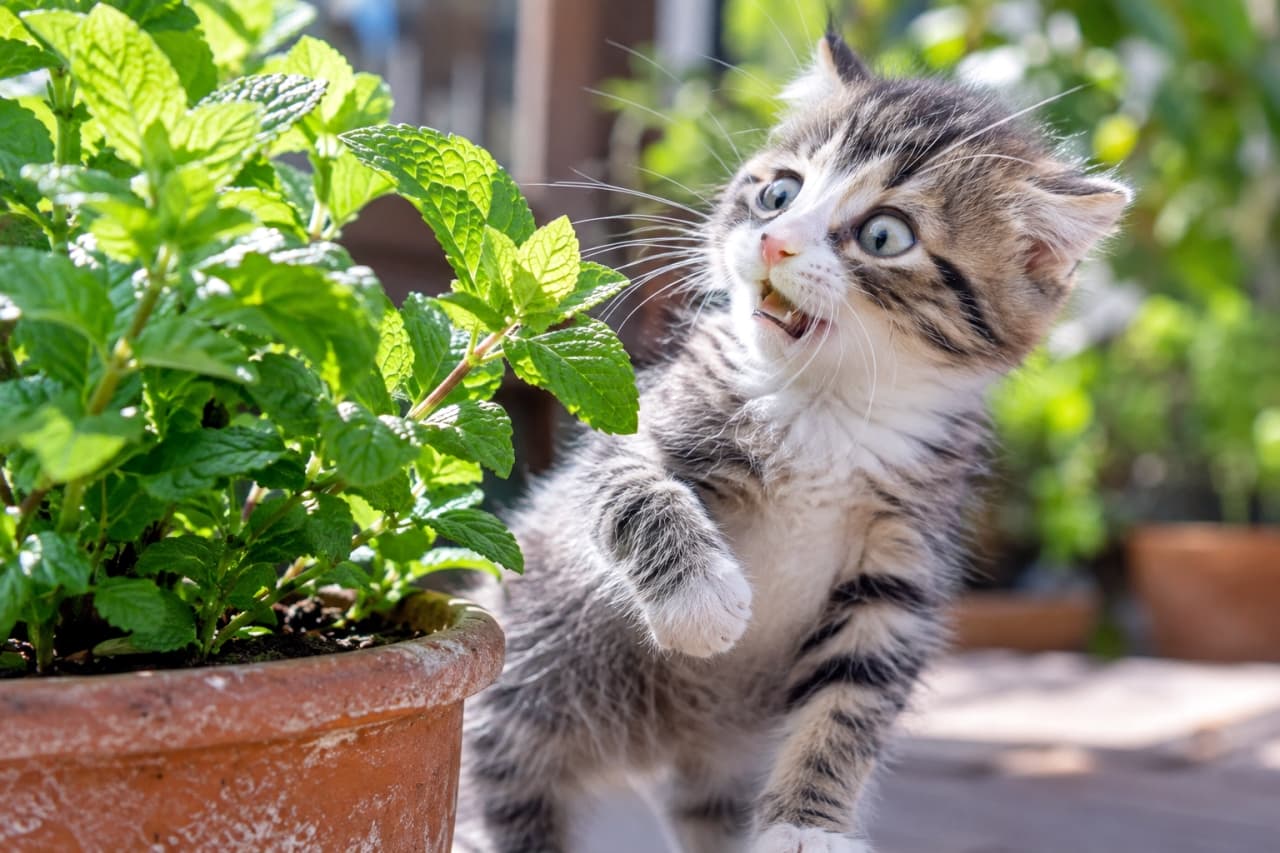 「スースーする匂いにビックリ！？🌿🙀 初めてのミントに衝撃を受ける猫ちゃんのリアクションが最高😂」An ultra-realistic high-quality photograph of a tabby and white kitten reacting with a funny surprised face and one paw raised after smelling a potted mint plant in a sunny outdoor setting. 日差しの明るいベランダで、テラコッタの鉢に植えられた青々としたミントの葉の匂いを嗅ぎ、驚いたように口を大きく開けて片前足を上げているキジ白の子猫。フレーメン反応のようなコミカルな表情がユーモラス
