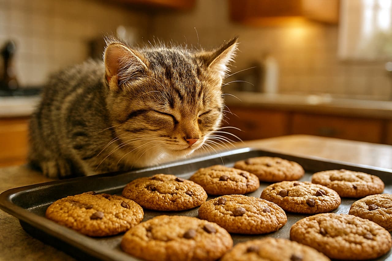 「焼きたての香りにうっとり。クッキーに鼻をくっつけて、幸せすぎてとろけちゃう!」A close-up photograph of a small tabby kitten crouching on a kitchen counter, with its eyes closed in bliss and nose almost touching a freshly baked chocolate chip cookie on a metal tray. Warm kitchen lighting fills the scene. 温かいキッチンの照明の下、カウンターでうずくまり、目を閉じて幸せそうに焼きたてのチョコチップクッキーに鼻を近づけている小さなキジトラの子猫のクローズアップ写真