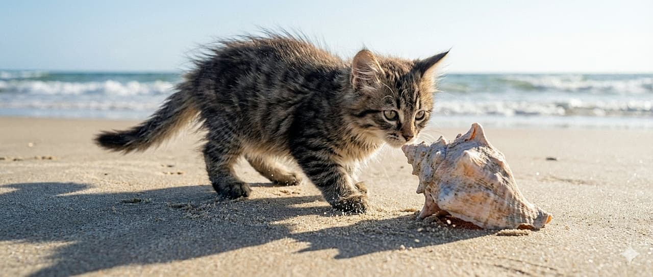 「くんくん、これは何?砂浜で見つけた大きな貝殻に興味津々!潮風が気持ちいいね」A small brown tabby kitten with ruffled fur cautiously sniffs a large, empty conical seashell on a sunny sandy beach, with calm blue ocean waves and a clear sky in the background. 晴れた日の砂浜で、潮風に毛をなびかせた小さなキジトラの子猫が、大きな巻き貝の匂いを恐る恐る嗅いでいる様子。背景には穏やかな青い海が広がっている