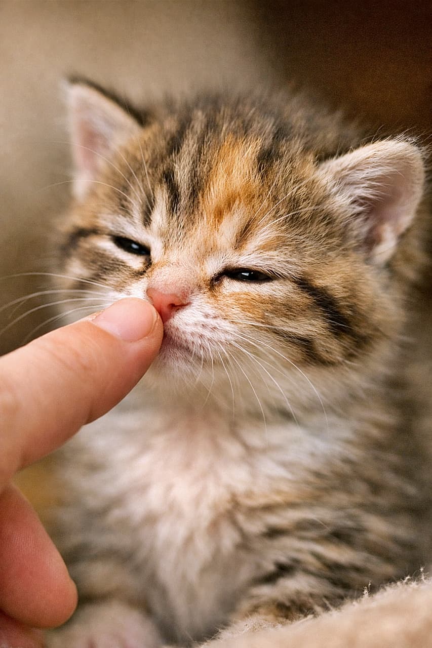「「はじめまして」の魔法。ちいさなお鼻で確かめる、やさしい信頼のワンシーン」A tiny kitten with half-closed eyes gently sniffing the tip of a human finger in an intimate photorealistic close-up, soft lighting highlighting the bond between them. 半分目を閉じた小さな子猫が、人の指先をそっと嗅いでいる親密なクローズアップ写真。柔らかな光が信頼関係を表現している