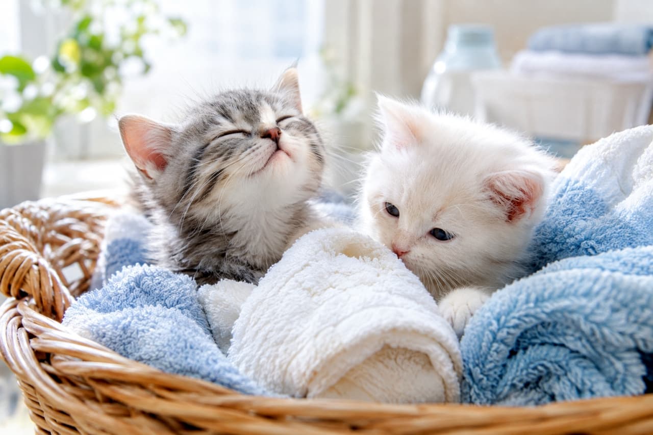 「洗いたてのタオルの匂い、最高だね🧺お日様の香りに包まれて、仲良し2匹も至福のリラックスタイム🫧」An ultra-realistic high-quality photograph of two kittens in a woven basket of fresh blue and white towels; on the left, a silver tabby closes its eyes happily, while on the right, a white kitten smells the soft white towel in a bright, clean room. 全体で2匹の子猫がカゴに入っている構図。青と白の清潔なタオルが積まれた籐カゴの中で、左側には目を閉じて気持ちよさそうに上を向くサバトラの子猫、右側には白いタオルの匂いをクンクンと嗅いでいる青い瞳の白猫の子猫がいる。明るく清潔感あふれるランドリールームの情景