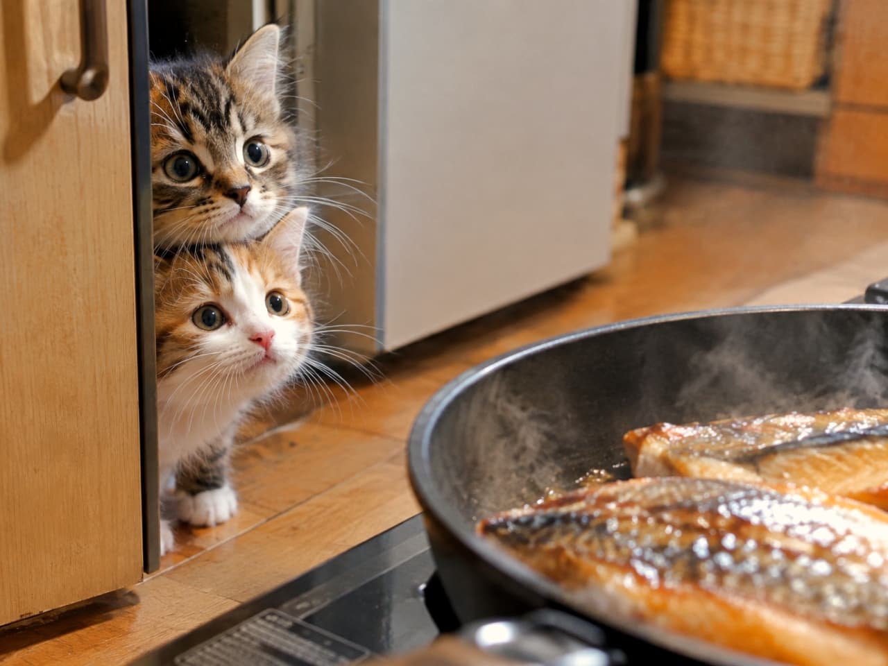 「「今日の晩ご飯はお魚にゃ！？」🐟🔥 ドアの隙間から匂いにつられてやってきた可愛い見張番たち👀🚪」An ultra-realistic high-quality photograph of two adorable kittens (a tabby on top and a calico on the bottom) peeking through a door gap, intensely watching and smelling grilled fish cooking in a frying pan. キッチンでフライパンで焼かれている香ばしそうな魚料理を、木製ドアの隙間から縦に重なるようにして顔を出し、熱心に見つめる2匹の子猫。上がキジトラ、下が三毛で、どちらも目を丸くして匂いと音に集中している