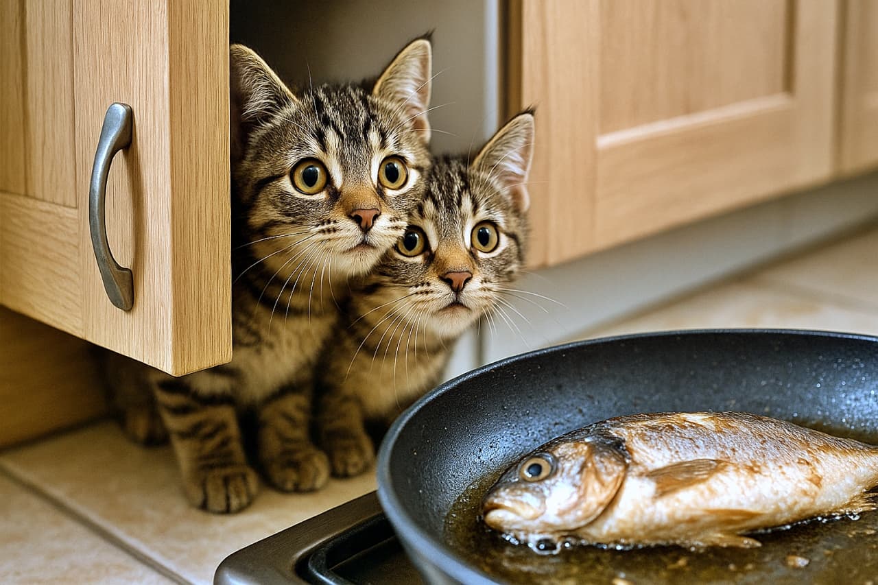 「床すれすれから偵察開始!😼 キジトラ探検隊、魅惑の焼き魚を発見。「今がチャンスかニャ?」🍳」Two tabby kittens peeking out from the bottom gap of a light wooden kitchen cabinet at floor level. Their eyes are wide with anticipation, focused intently on a frying pan containing a realistic whole fish cooking in oil. 床に近いキッチンキャビネットの隙間から顔をのぞかせる2匹のキジトラ子猫。フライパンで調理中の魚を真剣な眼差しで見つめ、匂いに釣られて思わず出てきてしまった様子
