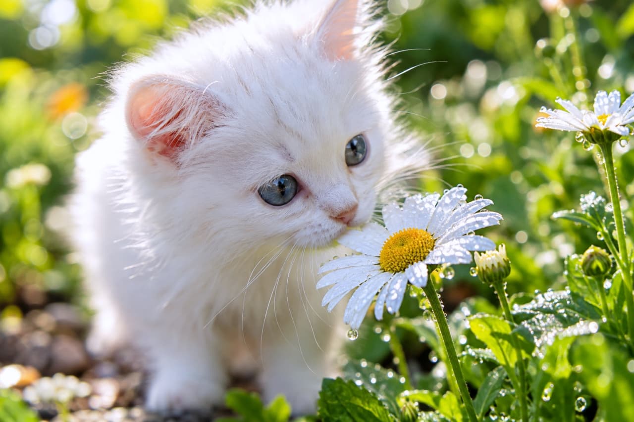 「お花の香りを楽しむ天使のような白猫ちゃん🌼朝露がキラキラして、癒し効果抜群です✨」An ultra-realistic high-quality photograph of a fluffy white kitten with blue eyes smelling a dew-covered daisy flower in a lush green garden under bright morning light. 朝露がキラキラと光る緑豊かな草原で、水滴がついた白いマーガレットの花に鼻を寄せて匂いを嗅いでいる、ふわふわとした長毛種の白い子猫。青い瞳が印象的で、幻想的で清涼感のある雰囲気