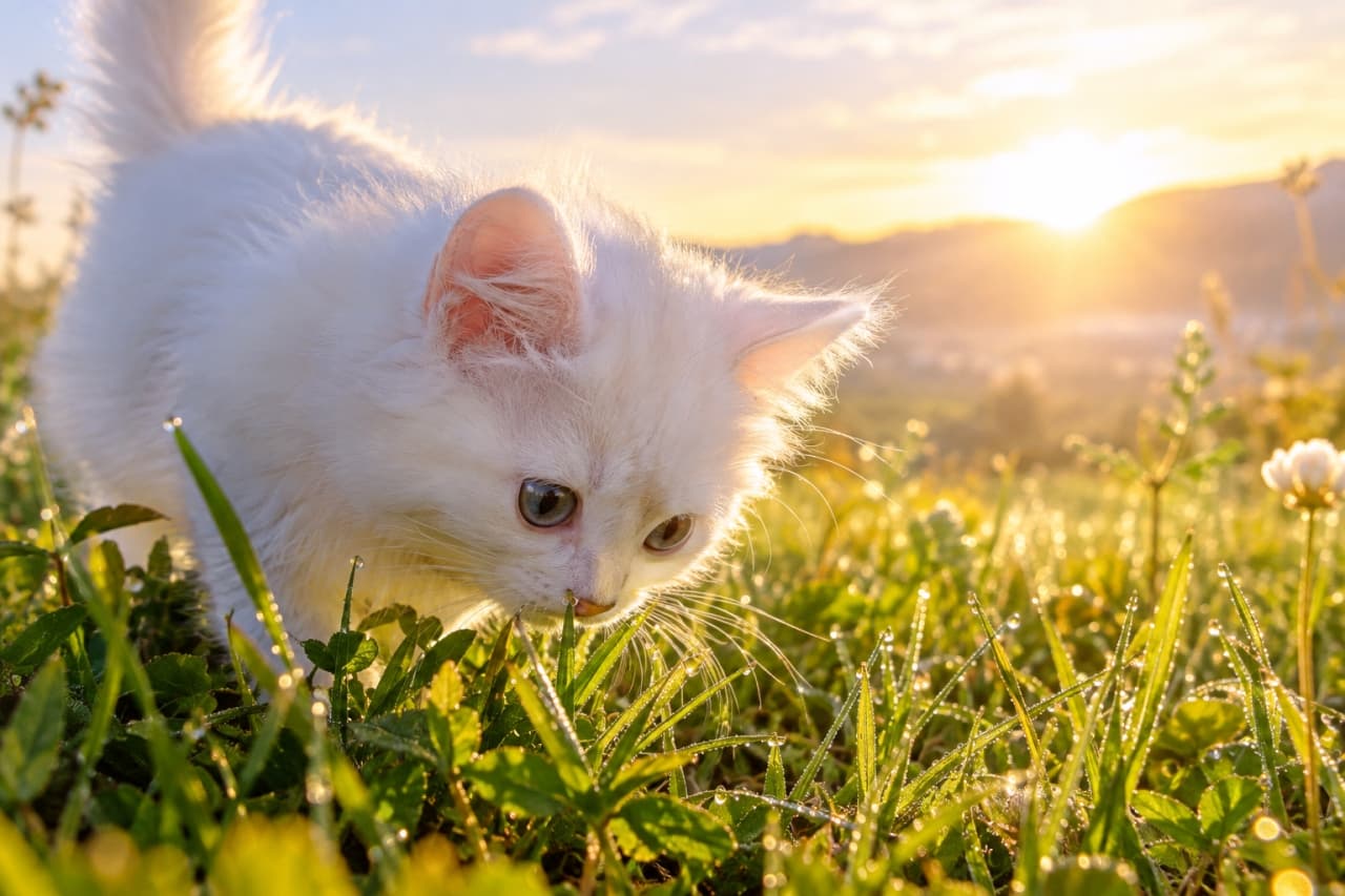 「朝の空気っておいしいにゃ☀️キラキラ光る朝露とお日様の匂いを全身で楽しむ白猫ちゃん🌱✨」An ultra-realistic high-quality photograph of a fluffy white kitten with blueish eyes smelling dewy green grass in a meadow, its fur glowing golden in the beautiful morning sunrise light. 美しい朝焼けの光に包まれた草原で、朝露が光る緑の草に鼻を近づけて匂いを嗅いでいる長毛種の白い子猫。透き通るような被毛が逆光で黄金色に輝き、青みがかった瞳が好奇心に満ちている幻想的な風景