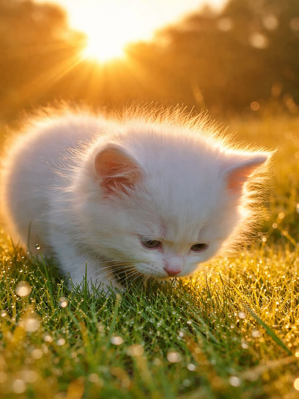 「朝露きらめく草原でくんくんタイム☀️新しい一日のはじまりにワクワクする白い子猫」A white kitten sniffing dew-covered grass in a meadow at sunrise, glowing in warm golden morning light 朝焼けの草原で朝露に濡れた草の香りを嗅ぐ白い子猫