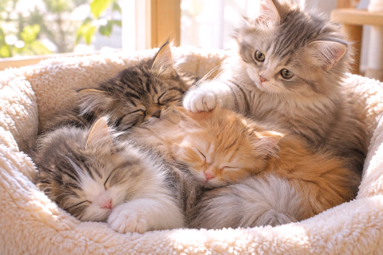 「ねえ起きて遊ぼうニャ🐾ぐっすり夢の中の仲間にそっとタッチする姿に、心がじんわり温まりますね☀️✨」Ultra-realistic high-quality photograph of four fluffy Siberian-style kittens nestled together in a soft plush cat bed by a sunlit window. Three kittens—a tabby-and-white, an orange tabby, and a brown tabby—sleep soundly in a pile, while an awake silver tabby kitten gently taps a sleeping sibling's head with a soft paw under warm morning light. 窓辺の柔らかな光に包まれたボア素材のベッドで寄り添うサイベリアン風の長毛子猫4匹。手前のキジ白、中央の茶トラ、奥のキジトラが心地よさそうに熟睡し、右奥のサバトラ白が澄んだ瞳を開けて前足で仲間の頭をそっとタッチする。逆光に透けるふわふわな被毛が温かみを感じさせる情景