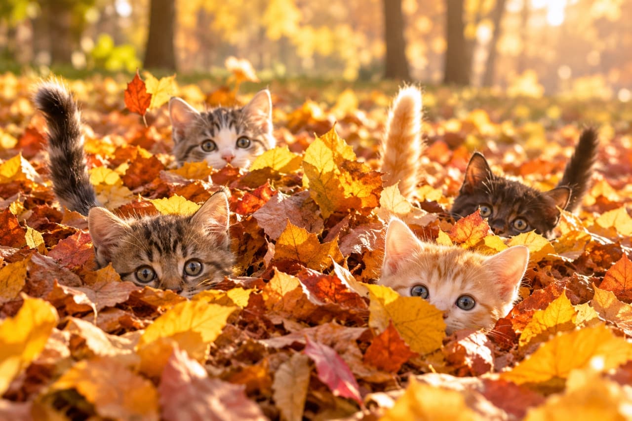 「落ち葉の中からこんにちは🍂かくれんぼ中の4匹と目が合って、思わず笑顔がこぼれちゃいますね🐾✨」Ultra-realistic high-quality photograph of four fluffy mixed-breed kittens playing hide-and-seek in a pile of crisp golden autumn leaves in a park during golden hour. Their heads and striped tails pop out curiously amidst warm foliage illuminated by soft sunlight. 夕暮れのゴールデンアワーに包まれた公園で、敷き詰められた黄金色の落ち葉から顔と尻尾を出す4匹のミックス子猫。手前にキジトラと茶トラ白、奥にキジ白と黒トラが並び、澄んだ瞳を輝かせる。夕日を浴びて温かく輝く落ち葉と柔らかな被毛が美しい秋の情景