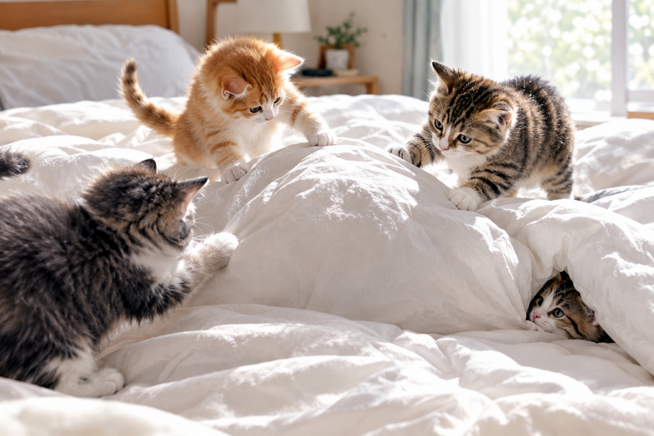 「お布団の下に何かいるニャ！？元気いっぱい飛びつく子猫たちの朝の運動会に、思わず笑顔になりますね🐾✨」Ultra-realistic high-quality photograph of four playful mixed-breed kittens on a fluffy white bed duvet in soft morning light. Three kittens—a fluffy grey tabby, an orange tabby, and a brown tabby—pounce on a lump under the duvet, while a fourth kitten peeks its head out from the bottom right edge. 朝の光が差し込むベッドの上で、白い羽毛布団のふくらみに戯れる4匹のミックス子猫。手前左の長毛サバトラ白、上部の茶トラ白、右上のキジ白が山になった布団へ前足を伸ばして飛びかかり、右下の端からはキジ白の子猫が顔を覗かせる。柔らかな自然光が清潔感ある白シーツとふわふわな被毛を照らす温かな情景