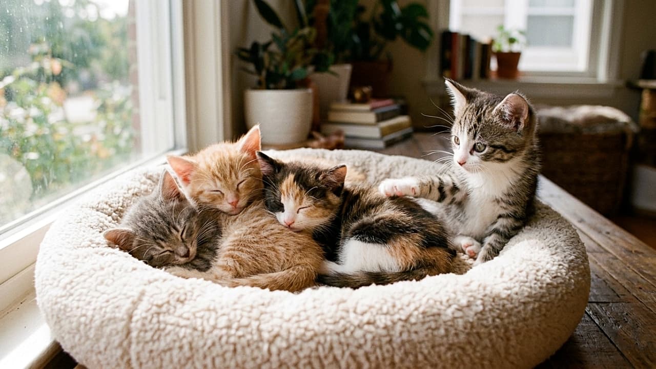 「起こす?起こさない?そっと前足をのせる、その優しさが尊い昼下がり🐾ぽかぽか日和のお昼寝タイム☀️ぐっすり眠る3匹を起こしちゃう?遊びたい盛りの子猫にキュンが止まらない🐾」A cozy photo of four kittens in a soft, sunlit cat bed by a window. Three kittens are sleeping soundly in a pile, while a fourth tabby kitten is awake and gently patting its sibling with a soft paw to play. 窓際の柔らかな日差しが差し込むベッドで、3匹の子猫が重なり合って眠る中、1匹のキジトラの子猫が遊びたそうに兄弟を優しく前足でつついて起こそうとしている微笑ましい様子