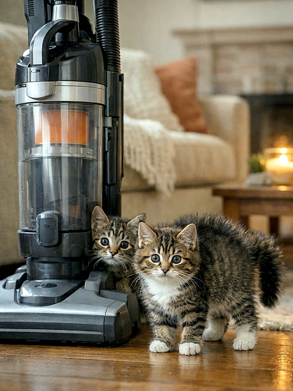 「掃除機という未知のモンスターに立ち向かう勇敢な子猫隊長!その後ろで、そーっと様子をうかがう相棒。小さな勇気とドキドキの瞬間🐾」Two kittens reacting to a vacuum cleaner in a cozy living room—one bravely standing guard with a puffed tail while another peeks nervously from behind the cleaner. 居心地の良いリビングで掃除機に警戒する2匹の子猫。1匹は尻尾を膨らませて前で見張り、もう1匹は本体の横から不安そうに顔だけのぞかせている