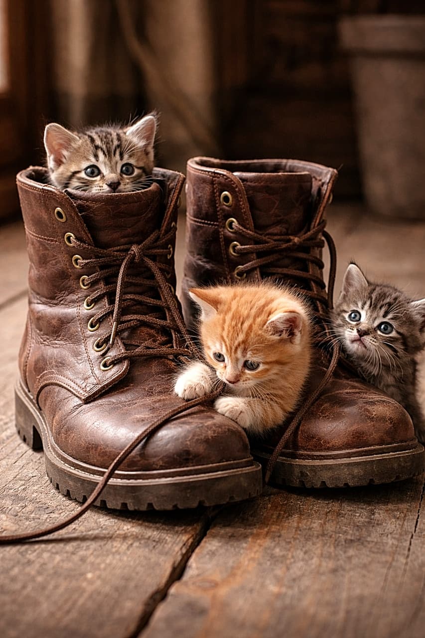 「大きなブーツを発見した子猫たちの大冒険!🥾🐾中からひょこっと顔を出したり、靴ひもで遊んだり…サイズ差がたまらなく可愛い瞬間🐾」Three tiny kittens exploring a pair of oversized men’s leather boots, with one kitten peeking from inside the boot and another playing with the laces. 大きな男性用レザーブーツを探検する3匹の子猫。1匹はブーツの中から顔を出し、もう1匹は靴ひもで遊んでいる可愛らしい光景