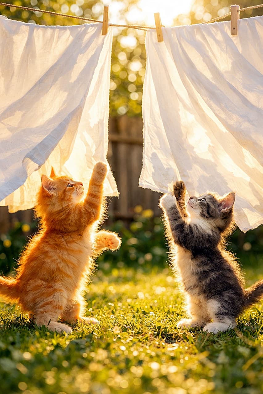 「そよ風にゆれる白いシーツに大はしゃぎ!庭の洗濯物が、いつの間にか子猫たちの最高の遊び場に。きらきらの陽ざしの中で今日も元気いっぱい🐾」Two kittens in a sunny backyard playfully batting at white sheets hanging on a clothesline, glowing in warm sunlight. 庭の物干しに掛かった白いシーツを、やわらかな日差しの中でじゃれながら叩いて遊ぶ2匹の子猫