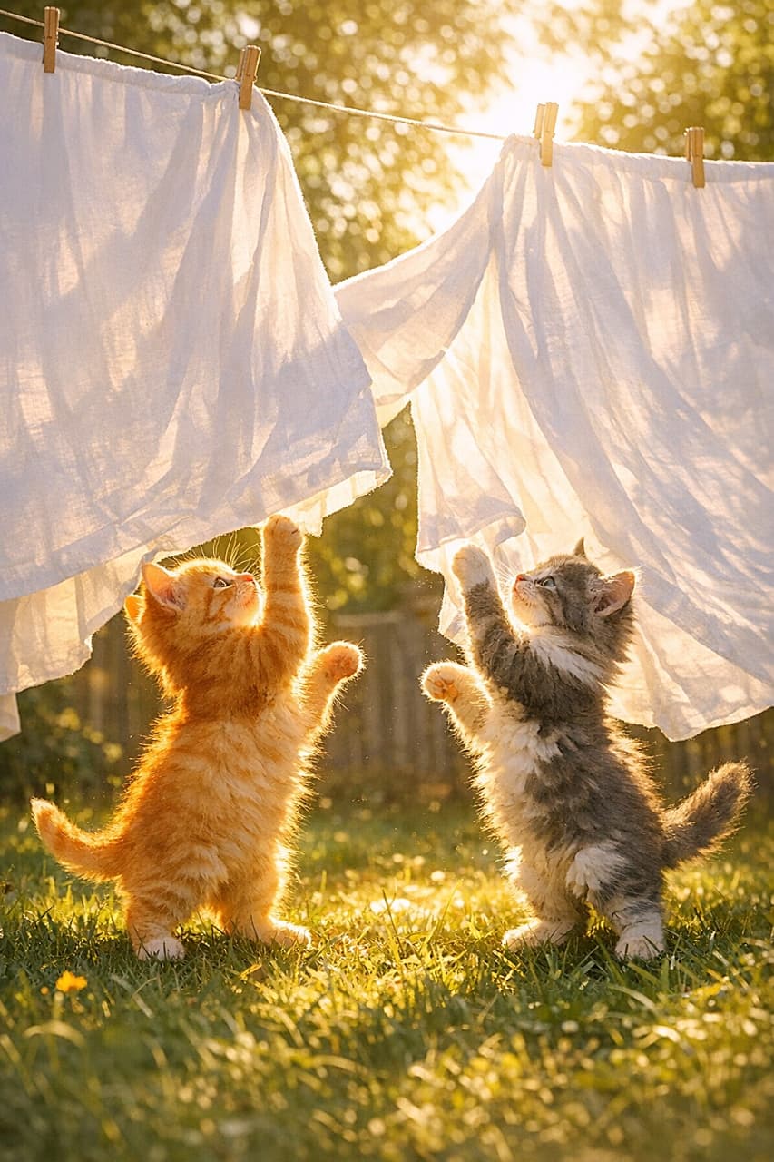「ふわふわシーツにじゃれじゃれ♪春の光でキラキラ子猫タイム!」Two kittens in a sunlit backyard playfully bat at white sheets swaying on a clothesline, their fur glowing in the warm light. 日差しの差し込む裏庭で、2匹の子猫が物干しに揺れる白いシーツにじゃれつき、光に包まれて毛並みが輝いている