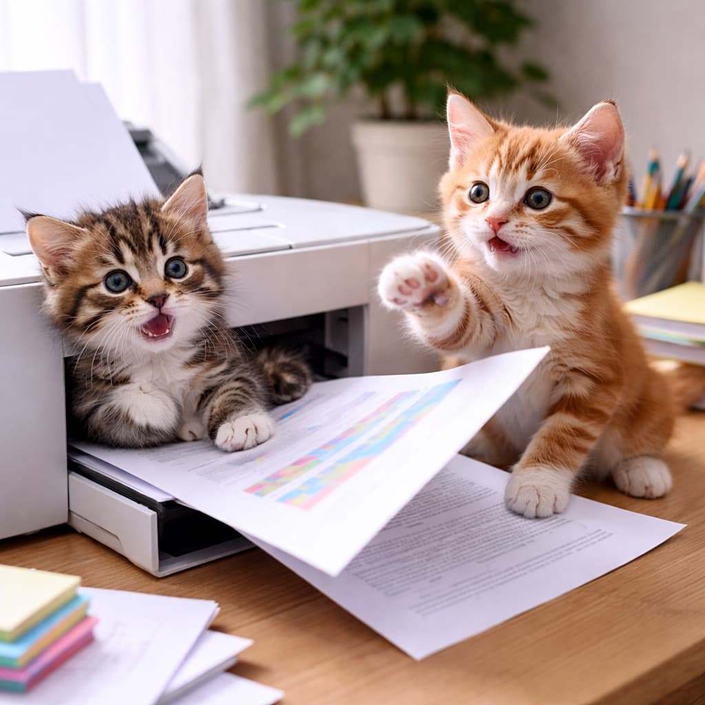 「プリンターが動いた瞬間が大事件!驚く子、攻撃する子、子猫会議は大混乱🐾📄」Two playful kittens react to paper suddenly coming out of a home printer, one startled and the other pawing excitedly at the moving sheet. 家庭用プリンターから突然出てきた紙に驚く子猫と、楽しそうにじゃれる子猫の様子