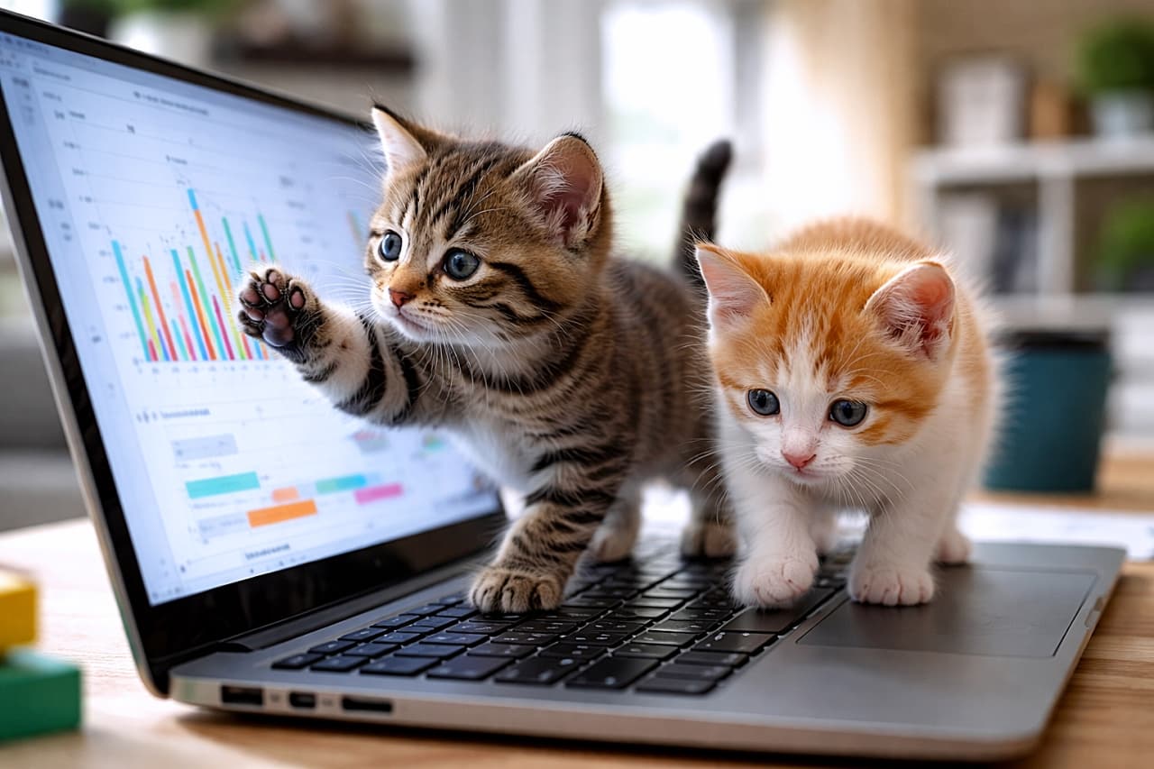 「仕事中のノートPCに突然の“子猫監査”が発生！キーボードを堂々と横断しながら、画面にはかわいい鼻スタンプまで。これはもう作業どころじゃない…🐾💻」Two playful kittens walking across a laptop keyboard in a modern home office, one batting the screen and leaving tiny nose prints while colorful graphs glow in the background. モダンなホームオフィスでノートパソコンのキーボードを歩く2匹の子猫。1匹は画面にじゃれつき、小さな鼻の跡を残し、背後にはぼんやりとカラフルなグラフが表示されている
