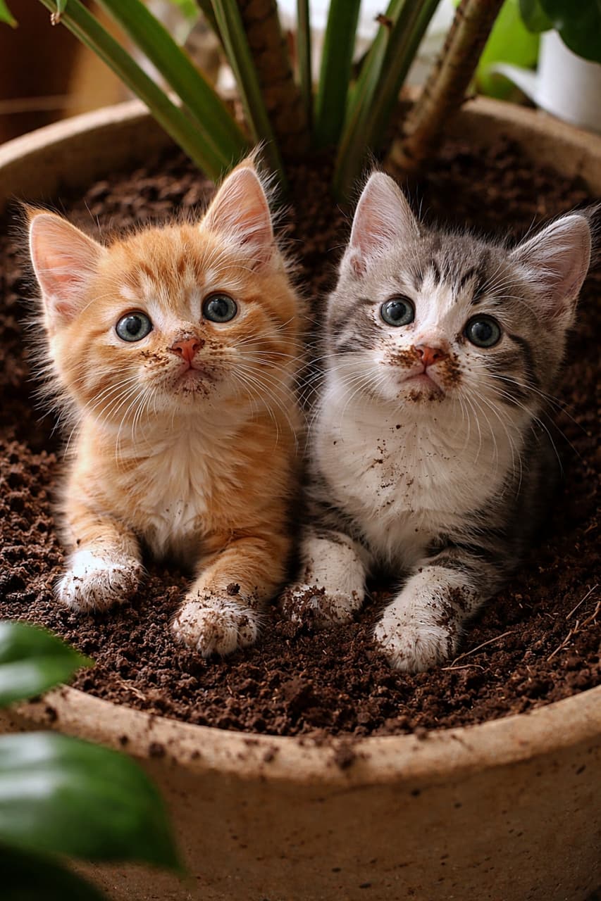 「「やってませんけど?」みたいな顔の子猫たち。観葉植物の鉢を掘り返して鼻まで土だらけ、それでも無邪気すぎて怒れない現場です🐾」Two mischievous kittens sitting in the soil of a large indoor plant pot, their noses and paws covered in dirt as they look up innocently after digging. 大きな観葉植物の鉢の土を掘り返し、鼻と前足を土だらけにした2匹の子猫が、見つかったように無邪気な表情で見上げている様子