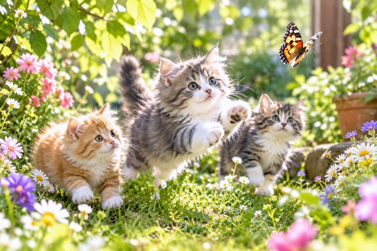 「蝶々さん待って〜！🦋お花畑を元気いっぱいに大疾走する子猫たちの無邪気な大冒険、全力で応援したくなりますね🐾✨」Ultra-realistic high-quality photograph of three fluffy Norwegian Forest Cat style kittens in a blooming flower garden playfully chasing a butterfly. The center tabby-and-white kitten leaps forward with outstretched paws, flanked by an orange tabby and another tabby kitten under soft, dappled sunlight filtering through the leaves. 木漏れ日が降り注ぐ満開の花畑で、右上の蝶を追うノルウェージャン風の長毛種子猫3匹。中央のふわふわなキジ白が前足を広げて跳躍し、左の茶トラ白と右のキジ白が輝く瞳で見上げる。逆光に透ける柔らかな毛並みと色とりどりの花々が美しい情景