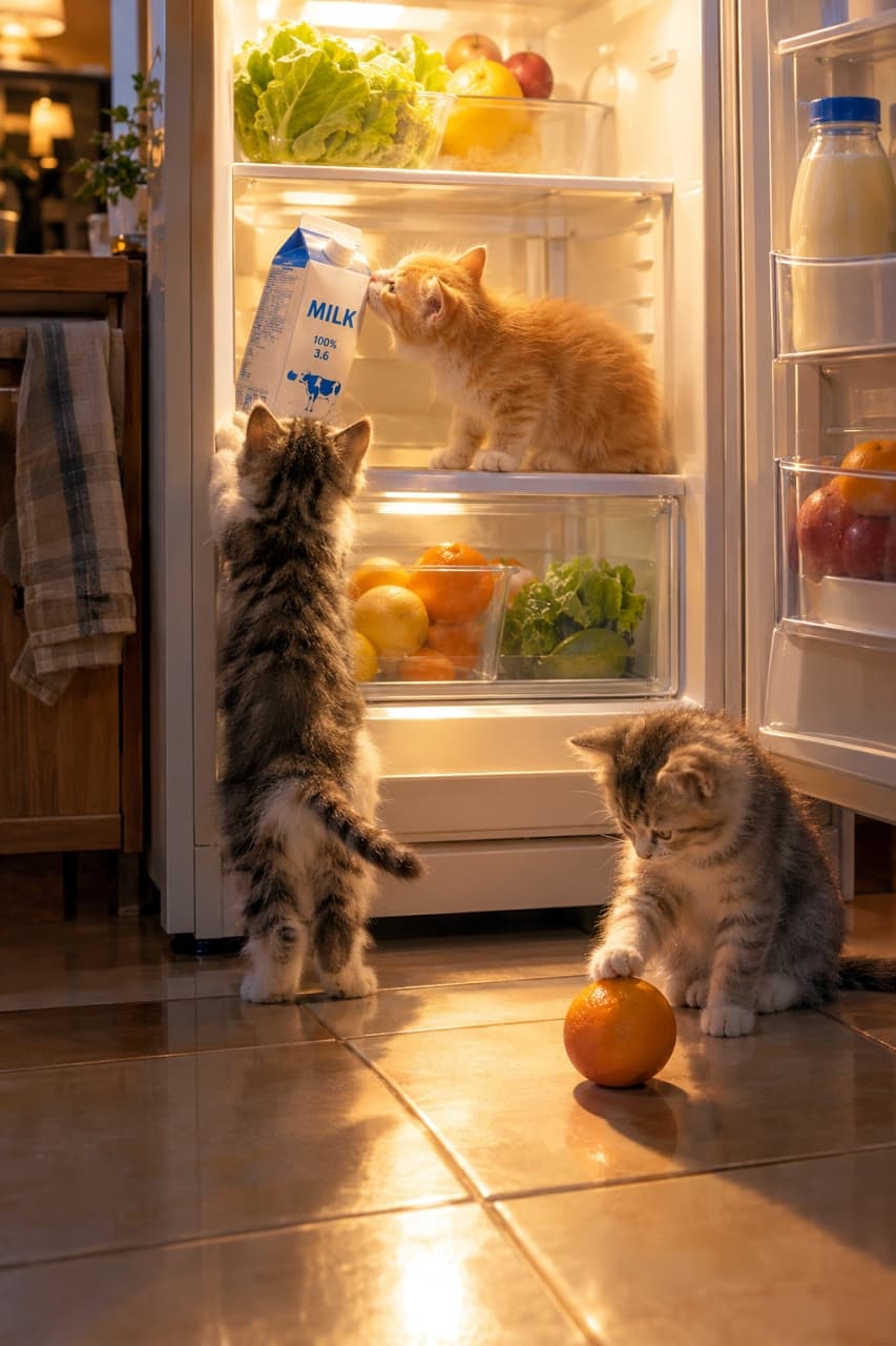 「夜の探検隊、出動ニャ！🥛🍊それぞれの好奇心が大渋滞している姿に、思わずクスッと笑顔になっちゃいますね🐾✨」Ultra-realistic high-quality photograph of three curious mixed-breed kittens exploring around an open refrigerator in a warm evening kitchen. Inside, an orange tabby kitten sniffs a tilted milk carton, while a brown tabby kitten stretches up gripping the shelf edge, and a silver tabby sits on the tiled floor gently touching a fallen orange under soft, warm lighting. 夕暮れの温かな光に包まれたキッチンで、開いた冷蔵庫を探検するミックスの短毛子猫3匹。庫内では茶トラが傾いた牛乳パックに鼻を近づけ、手前左ではキジトラが立ち上がって棚に掴まり、右下のサバトラが床のオレンジに前足を乗せて見つめる。タイル床に反射する柔らかな明かりが家庭的な温もりを醸し出す情景