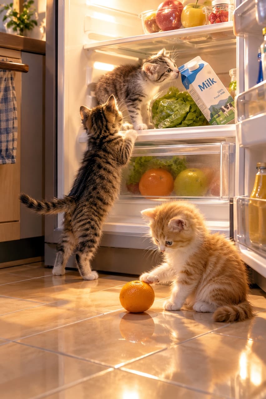 「冷蔵庫の中はお宝がいっぱいニャ！🥛🍊それぞれ違う場所に夢中な小さな探検隊に、ほっこり癒やされますね🐾✨」Ultra-realistic high-quality photograph of three curious mixed-breed kittens exploring around an open refrigerator in a warm kitchen. Inside, a silver tabby sniffs a milk carton, while a brown tabby stands on hind legs to grip the lower shelf, and an orange tabby on the tiled floor gently touches a fallen orange under soft, warm lighting. 暖かな光が漏れる開いた冷蔵庫の前で探検するミックスの短毛子猫3匹。庫内ではサバトラが牛乳パックの匂いを嗅ぎ、手前左ではキジトラが棚に前足をかけて背伸びし、右下の茶トラ白がタイル床のオレンジに前足を添えて見つめる。温かい照明と三角形の安定した構図が家庭的な温もりを醸し出す情景