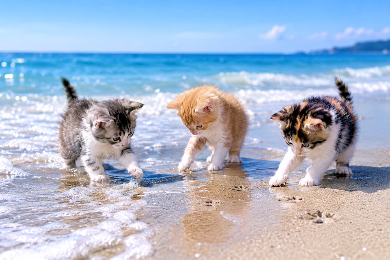 「海デビュー！🌊波打ち際をおそるおそるタッチする小さな肉球と足跡に、思わず顔がほころびますね🐾☀️」Ultra-realistic high-quality photograph of three curious mixed-breed kittens on a sunny sandy beach exploring wet sand left by a receding wave. A silver tabby, an orange tabby, and a calico kitten leave tiny paw prints under a clear blue sky and sparkling turquoise ocean. 青空と穏やかな海が広がる砂浜で、引き波の濡れた砂に触れる3匹のミックス子猫。左のサバトラ白が水際へそっと前足を伸ばし、中央の茶トラ白と右の三毛猫が好奇心に満ちた瞳で小さな足跡を残しながら砂を覗き込む。日差しにきらめく水面と柔らかな被毛が爽やかな情景
