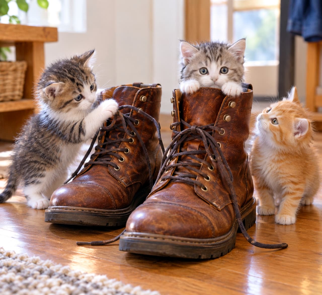 「大きなブーツと小さな探検隊👢中にすっぽり入ったり紐をチョイチョイしたり、冒険心いっぱいな姿に癒やされますね🐾✨」Ultra-realistic high-quality photograph of three tiny mixed-breed kittens exploring a pair of large brown leather boots on a sunlit wooden floor. A silver tabby kitten peeks curiously out from inside the right boot, while a tabby-and-white kitten bats at the laces on the left and an orange tabby kitten watches from the right under soft daylight. 明るい自然光が注ぐフローリングの部屋で、大きな茶色の革製ブーツに興味津々な短毛種のミックス子猫3匹。中央のサバトラ白がブーツの中から両前足を出して正面を見つめ、左のキジ白は立ち上がって靴紐を掴み、右の茶トラ白が見上げる。革の質感と柔らかな被毛のサイズ対比が微笑ましい情景