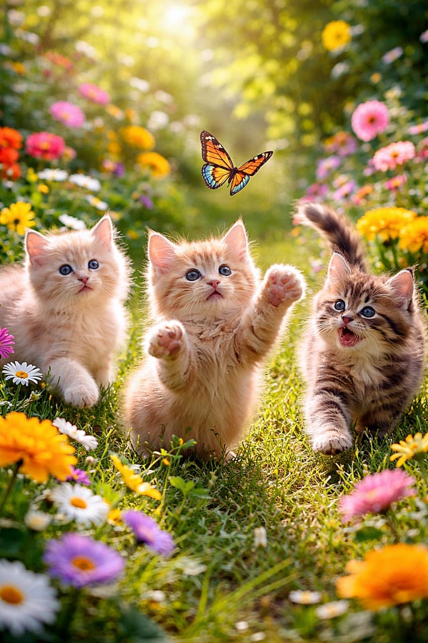 「春の花いっぱいの庭で、ひらひら舞う蝶を追いかけて大はしゃぎの子猫たち。ジャンプする子、見守る子、みんな夢中の小さな冒険タイム!🐾🦋🌸」Three fluffy kittens in a colorful flower garden joyfully chasing a butterfly, one kitten mid-pounce with paws outstretched in dappled sunlight. 色とりどりの花が咲く庭で、舞う蝶を追いかけて遊ぶ3匹のふわふわ子猫。1匹は前足を伸ばしてジャンプする瞬間