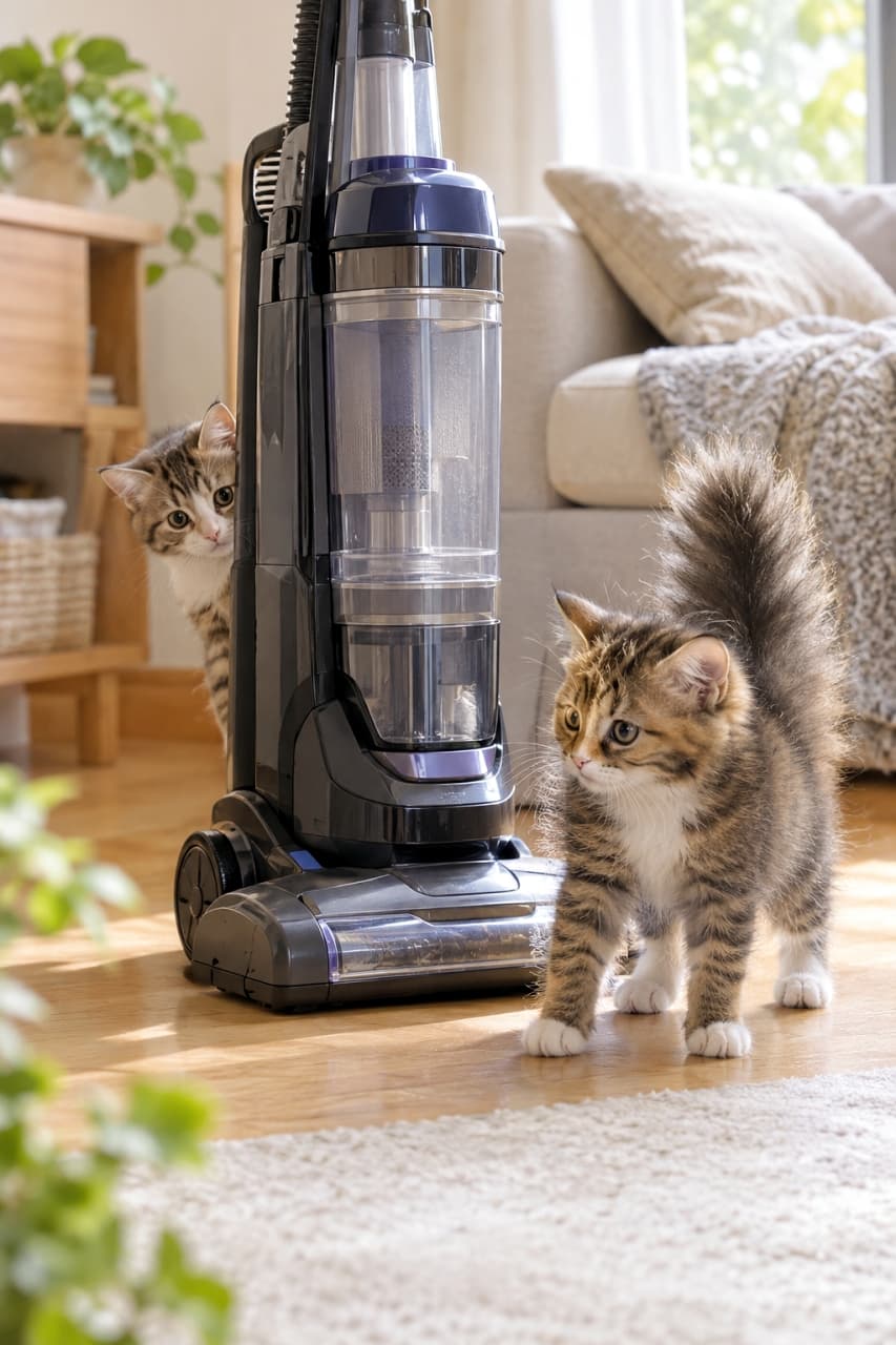「強敵・掃除機に立ち向かうニャ！💥しっぽをボワッと膨らませて守る姿と、後ろからのぞくお顔が最高ですね🐾✨」Ultra-realistic high-quality photograph of two mixed-breed kittens cautiously guarding against an upright vacuum cleaner in a sunlit living room. In the foreground, a fluffy brown tabby kitten stands firmly with its bushy tail puffed up in defense, while another tabby-and-white kitten peeks nervously from behind the vacuum with wide eyes under soft natural daylight. 柔らかな自然光が差し込むリビングで、直立する黒い掃除機を警戒するサイベリアン風のミックス子猫2匹。手前右のキジトラ白は尻尾を太く逆立てて四肢で力強く踏ん張り、掃除機の陰から左のキジ白が真ん丸な瞳で顔を覗かせる。木目フローリングとソファが温かみを添える情景