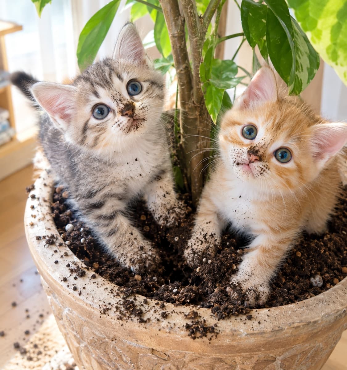 「僕たち何もしてないニャ？🐾お鼻を泥だらけにして見つめる無邪気なお顔に、怒る気も吹き飛んじゃいますね🌱✨」Ultra-realistic high-quality photograph of two mischievous mixed-breed kittens caught digging in the soil of a large indoor potted plant under soft natural window light. A silver tabby on the left and an orange tabby on the right, both with dirt smudged on their tiny noses and paws, gaze up innocently with wide blue-grey eyes beneath vibrant green foliage. 明るい窓辺の観葉植物の鉢植えで、土を掘って泥だらけになったミックスの短毛子猫2匹。左のサバトラと右の茶トラが鼻先や前足に黒土をつけ、澄んだ青灰色の瞳で無垢に見上げる。緑の葉と柔らかな自然光がいたずらな瞬間を温かく照らす情景