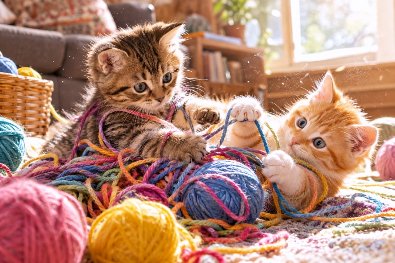 「毛糸玉フェス開催中🧶✨夢中で遊ぶ2匹の無邪気な姿に、見ているこちらまで笑顔になっちゃいますね🐾」Ultra-realistic high-quality photograph of two playful mixed-breed kittens tangled in colorful yarn on a sunlit living room floor. On the left, a tabby kitten with bright blue eyes reaches forward, while an orange-and-white kitten plays on its back amidst golden dust motes. 陽光が注ぐリビングで、色鮮やかな毛糸玉に夢中でじゃれ合う2匹のミックス子猫。左側の青い瞳を持つキジトラが前足を伸ばし、右側のふわふわな茶白の子猫は仰向けで糸を引く。舞い散る光の粒子が温かい情景