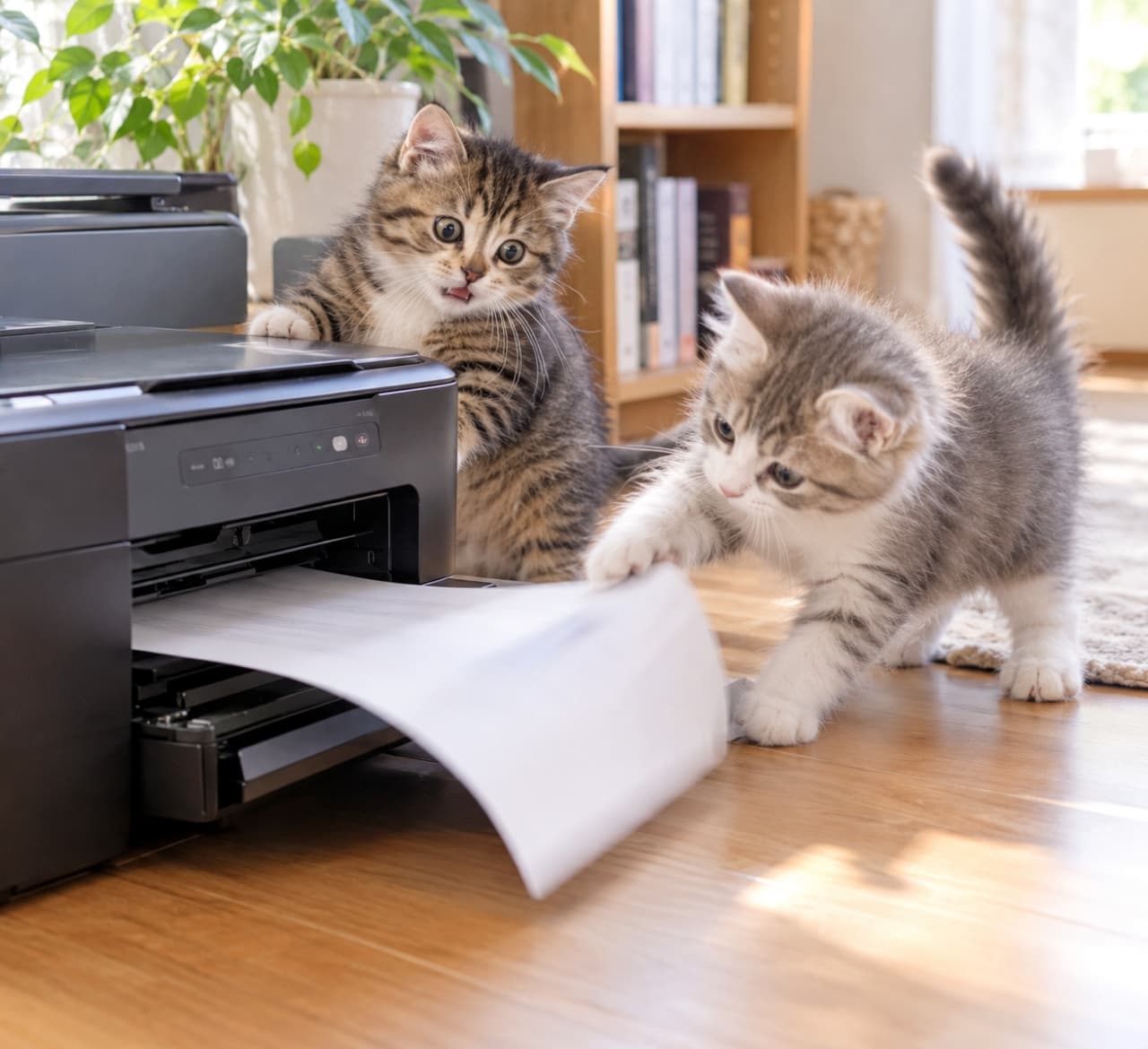 「何かが飛び出してきたニャー！🖨️💥びっくり顔と果敢なパンチ、ふたりのリアクションの差に思わず笑みがこぼれますね🐾✨」Ultra-realistic high-quality photograph of two mixed-breed kittens reacting to a home printer on a wooden floor. In the foreground, a playful silver-tabby-and-white kitten with an upright tail bats at a sheet of paper coming out of the printer, while a brown tabby in the background stares with wide, startled eyes and an open mouth under soft, natural daylight. 明るいフローリングの部屋で、黒いプリンターから排出される用紙に反応するミックスの短毛子猫2匹。手前のサバトラ白が尻尾をピンと立てて紙に右前足を伸ばし、奥のキジトラは真ん丸な瞳と半開きの口で驚きの表情を見せる。背景の本棚や観葉植物、柔らかな自然光が日常の躍動感を爽やかに引き立てる情景