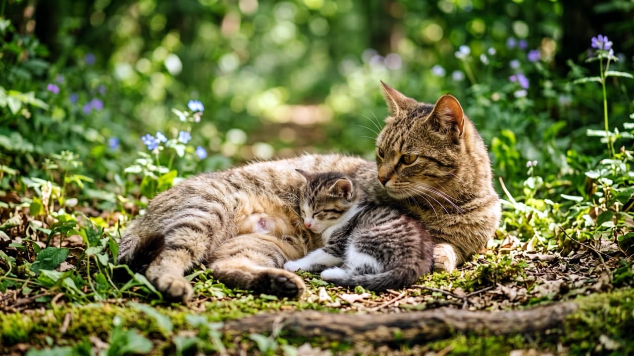 「森のベッドでぽかぽかお昼寝☀️ママのそばで安心しきった子猫の寝顔に心癒やされますね🐾✨」Ultra-realistic high-quality photograph of a brown tabby mother cat and her tabby-and-white kitten resting in a lush green forest bathed in soft dappled sunlight. The mother's golden eyes, beautiful wild stripes, and the bokeh background highlight the warmth of nature. 美しい緑広がる森の中、柔らかな木漏れ日を浴びてくつろぐキジトラの母猫と、そのお腹に顔を寄せてスヤスヤと眠るキジ白の子猫。母猫の黄金色の瞳と野性味ある美しい縞模様、背景のボケ味が自然の温もりを立体的に際立たせています