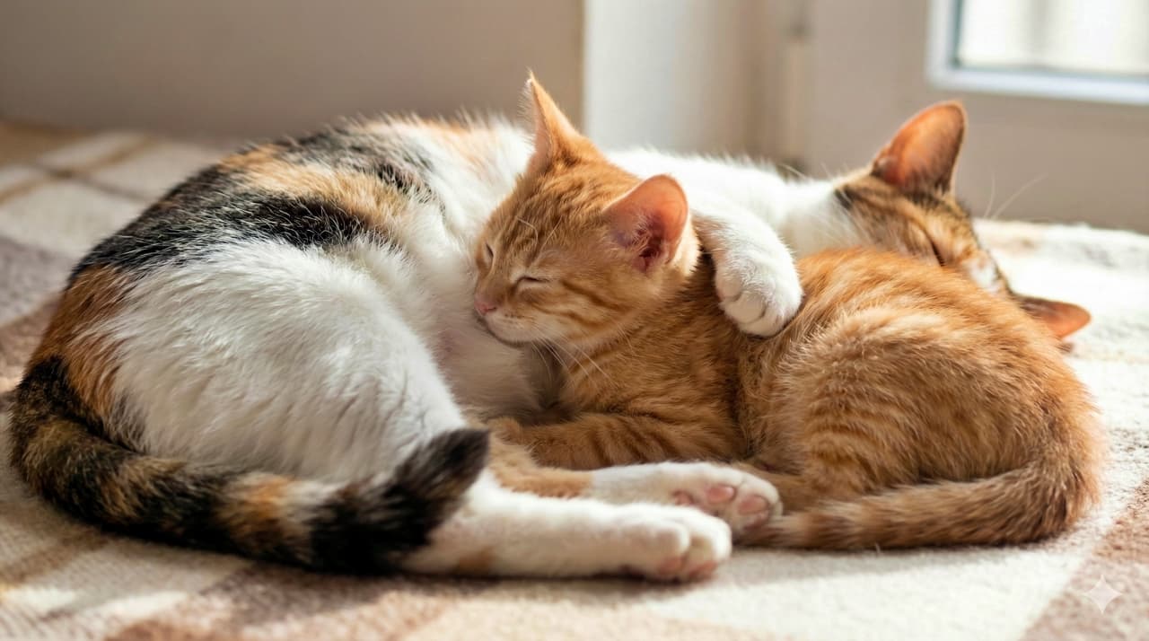 「フワフワお布団でスヤスヤ。ママのお腹に埋もれて、どんな夢を見てるのかな？」A heartwarming photograph of a calico mother cat and a small ginger tabby kitten curled up together, sleeping deeply on a sunlit wool blanket by a window. The mother cat has her paw gently draped over the kitten, who is nestled into her chest fur. 窓辺の日向に敷かれたウールの毛布の上で、三毛猫の母猫と茶トラの子猫が寄り添って幸せそうに熟睡している写真。母猫は子猫を前足で優しく抱き寄せ、子猫は母猫の胸の毛に顔を埋めている
